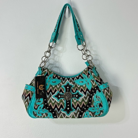NWT Vtg Y2K  Cowgirl Trendy Turquoise Handbag Studded Cross Boho Chic Western - Picture 1 of 13